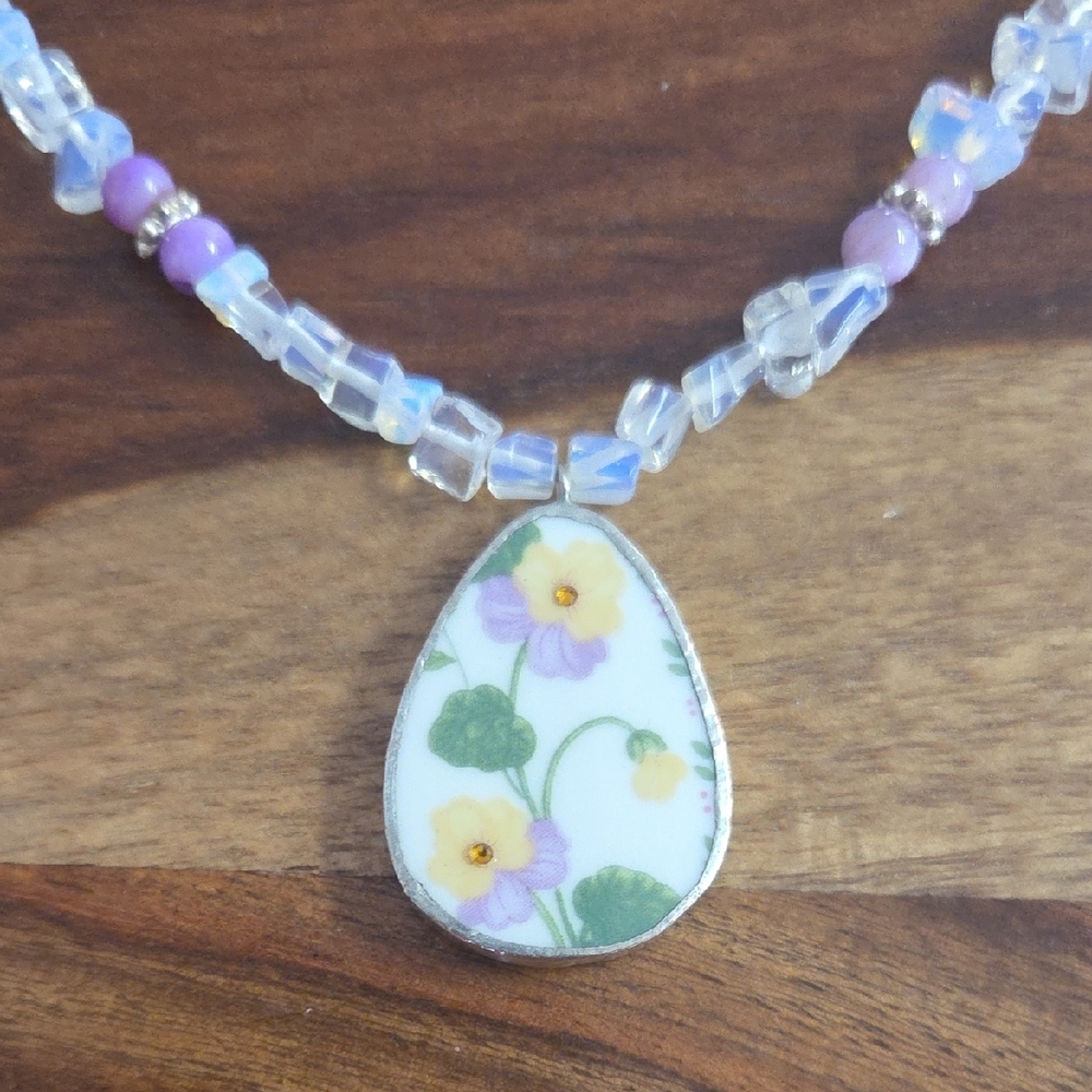 Elegant Floral Broken China Pendant Necklace with Opalite and Purple Accents